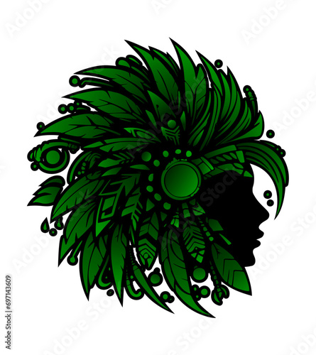 man silhouette with ethnic hairstyle - green feather