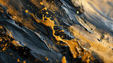 Abstract texture on a wall with oil and acrylic smear blot canvas painting. The background features gold and black color stains, brushstroke patterns, creating a textured and expressive backdrop.