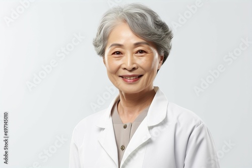 白衣を着た日本人シニア女性（背景なし・医者・医師・歯科医師・薬剤師）