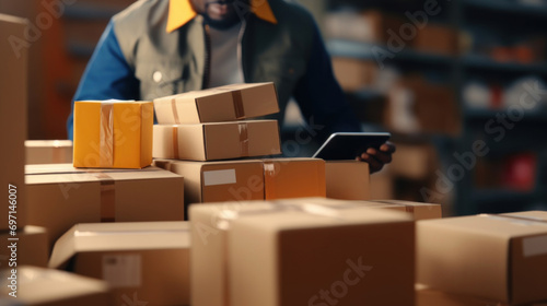 African american male warehouse worker using digital tablet in warehouse.