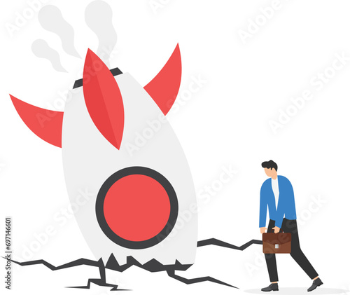 Rocket crash and businesswoman. Concept business technology vector illustration.

