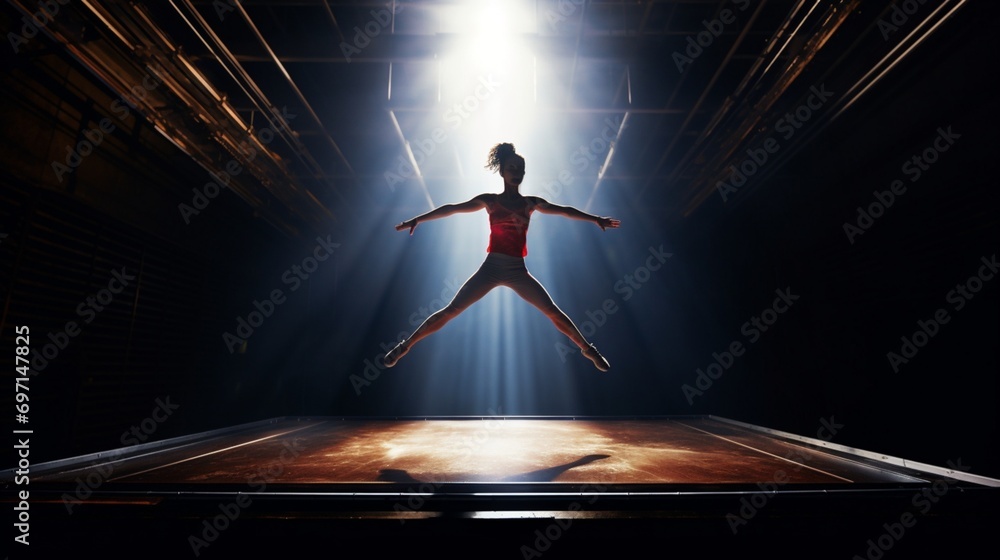 A trampolinist in mid-bounce, capturing the height and grace of a gymnastic performance - obrazy, fototapety, plakaty 