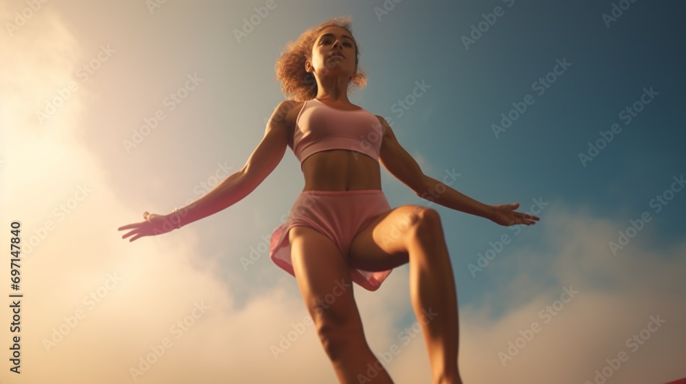 A trampolinist in mid-bounce, capturing the height and grace of a gymnastic performance A trampolinist in mid-bounce, capturing the height and grace of a gymnastic performance