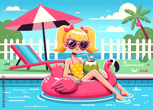 young girl in a swimming pool with pink flamingo inflatable float summer vector illustration