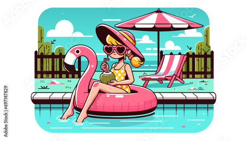 young girl in a swimming pool with pink flamingo inflatable float summer illustration