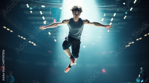 A trampolinist in mid-bounce, capturing the height and grace of a gymnastic performance
