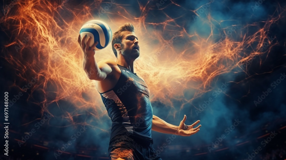 A volleyball player spiking the ball with power, creating a dynamic and energetic moment on the court