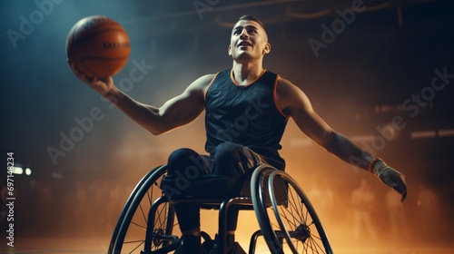 A wheelchair basketball player making a precise shot at the hoop during a competitive game