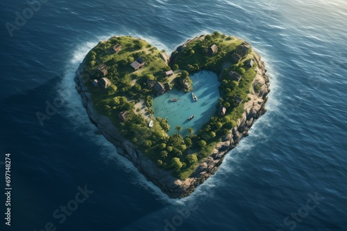 Tropical Heart island shape summer. Shaped forest. Generate Ai © juliars
