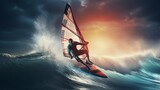 A windsurfer riding the waves with speed, creating a spray of water in the wake