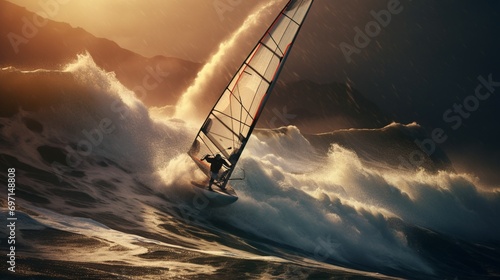 A windsurfer riding the waves with skill and control, sail billowing in the wind