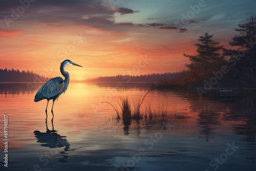 Serene Heron lake sunset. Lake evening. Generate Ai