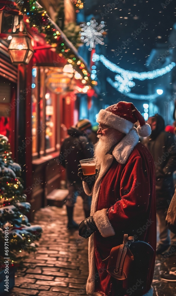 a man in a santa garment holding a glass of beer