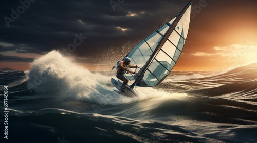 A windsurfer riding the waves with speed, sail taut against the wind in a thrilling moment