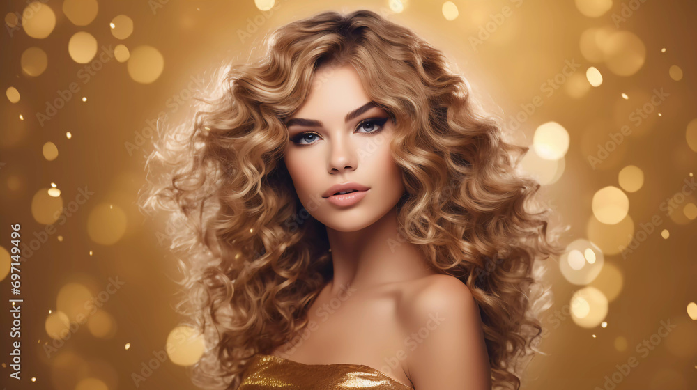 Banner beauty model girl on holiday golden background, woman with beautiful make up and curly hair style wearing gold dress, golden glow, festive celebration, copyspace hyper realistic Banner beauty model girl on holiday golden background, woman with beautiful make up and curly hair style wearing gold dress, golden glow, festive celebration, copyspace hyper realistic