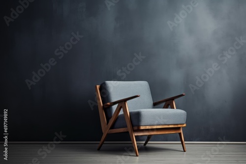 Modern Interior wall blue armchair wood. Space gray. Generate Ai