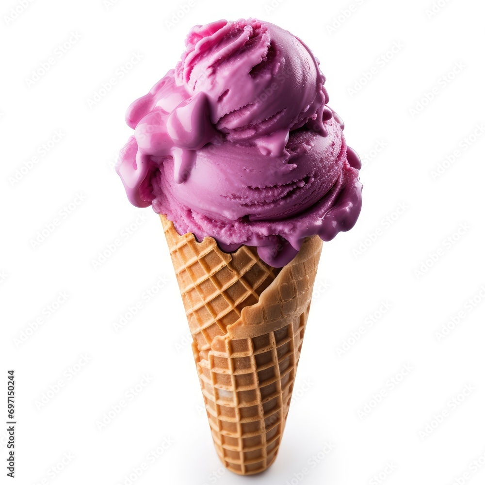 Purple ice cream in waffle cone Isolated on white background Purple ice cream in waffle cone Isolated on white background