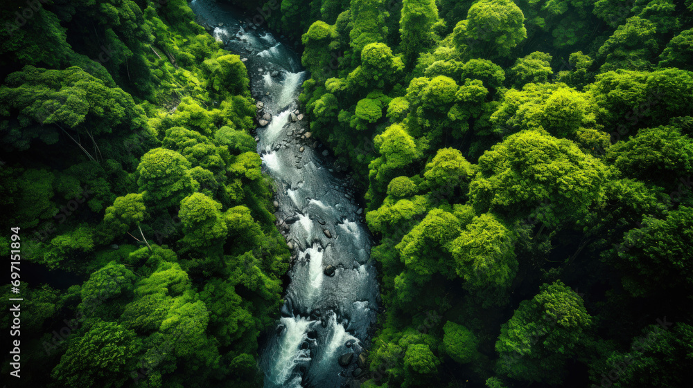 Aerial View of a Lush Green Forest with a Winding River and a Cascading Waterfall Aerial View of a Lush Green Forest with a Winding River and a Cascading Waterfall