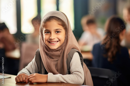 cute little muslim girl sitting at classroom