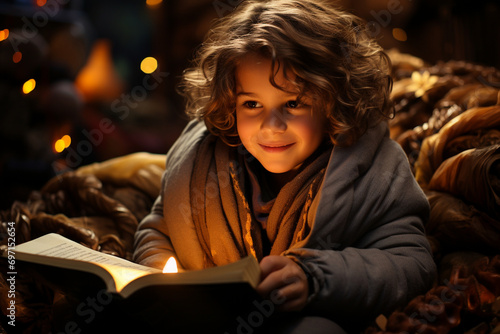 cozy cinematic photo of a child immersed in a book, highlighting the importance of literacy in the back-to-school season.