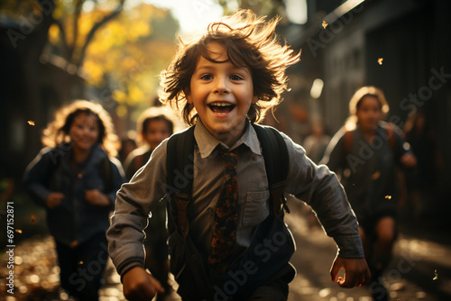 Cinematic shots of kids playing in the schoolyard, emphasizing the importance of physical activity and social interaction. photo