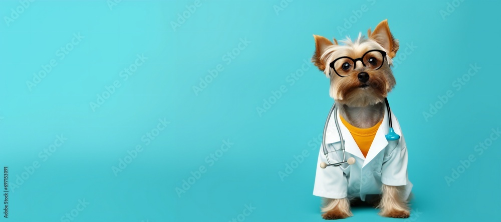 Funny terrier dog wearing like a doctor with stethoscope and glasses on his neck pointing away on empty space. isolated on blue background, panorama