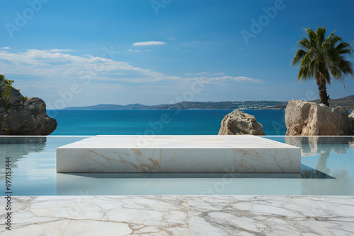 A large white empty marble podium for luxury product sustainable spa. Design element.