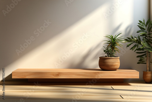 A wooden table podium for luxury product sitting on top of a hard wood floor on stone wall background.