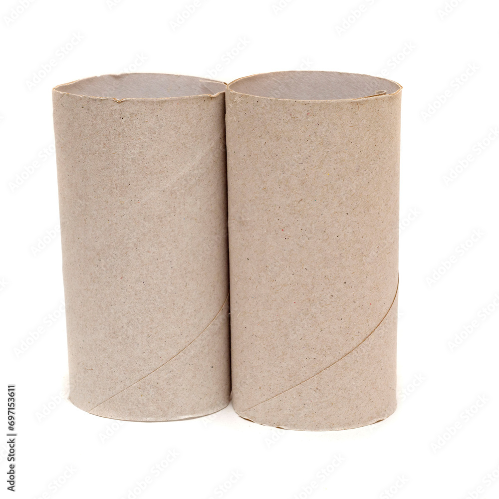 Two grey empty toilet rolls isolated on white background Two grey empty toilet rolls isolated on white background