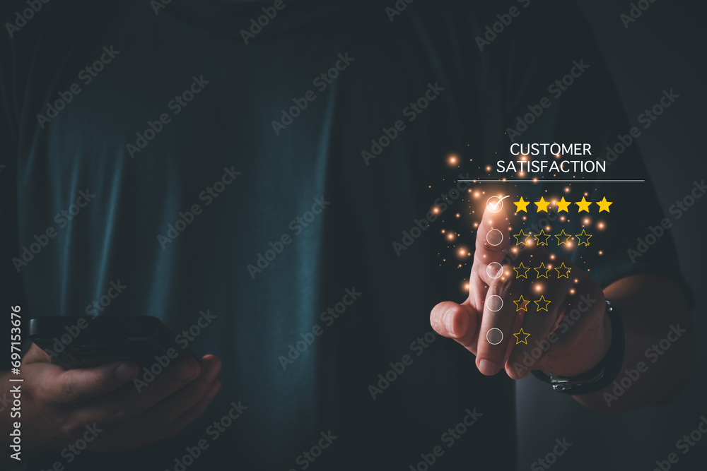 Customer satisfaction assessment concept, man using smartphone smiling ...