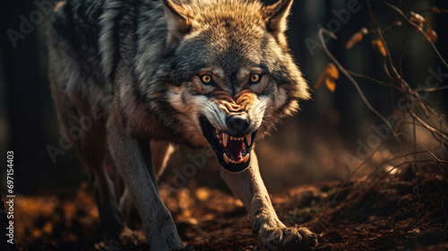 Intense and Realistic Wolf Portrait with Sharp Teeth and Eyes