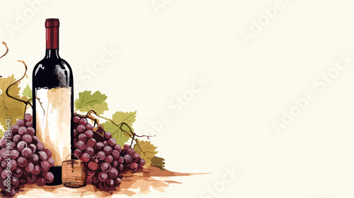 copy space, vector illustration, bottle and glass of wine with grapes, National Wine Day greeting card, grapes fruit with a glass of wine and a bottle. Glass filles with wine, some grapes and a winebo