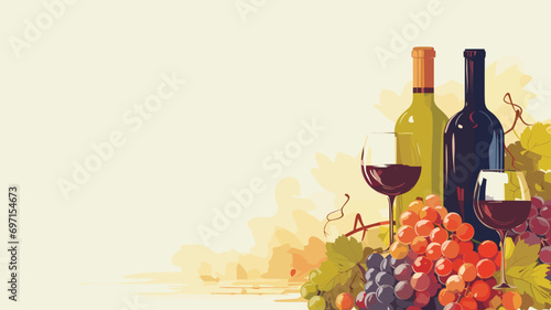 copy space, vector illustration, bottle and glass of wine with grapes, National Wine Day greeting card, grapes fruit with a glass of wine and a bottle. Glass filles with wine, some grapes and a winebo