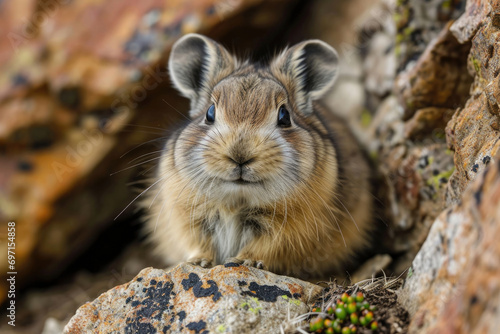 A Pika a small mammal with round ears and a fluffy tail  in its alpine habitat