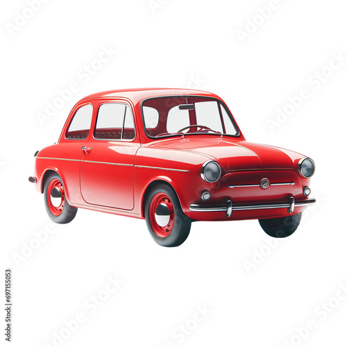 a bright red, vintage car with a classic design. It has a compact, rounded body typical of mid-20th century car designs