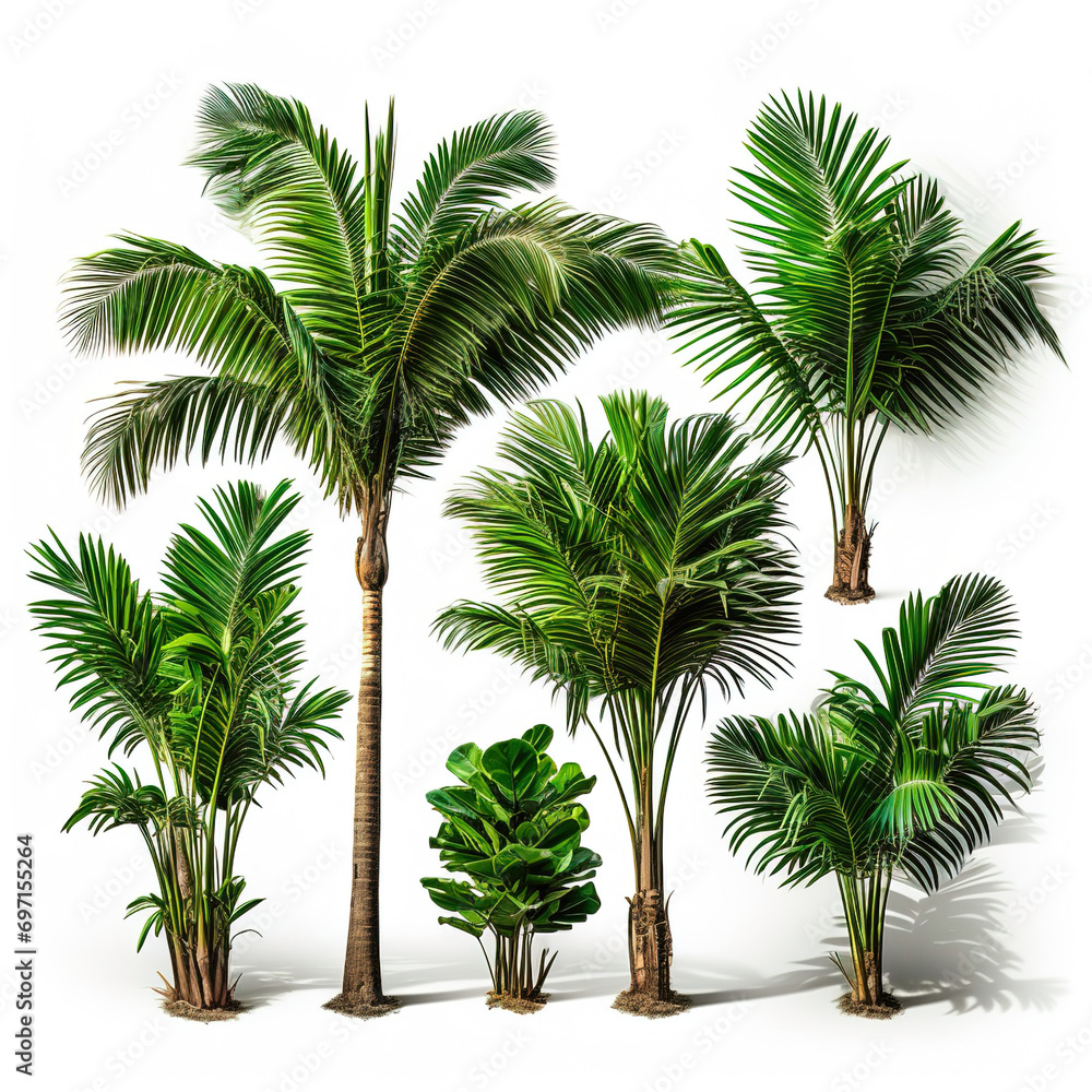 Fototapeta premium Set of Palm trees, white isolated cutout design elements.