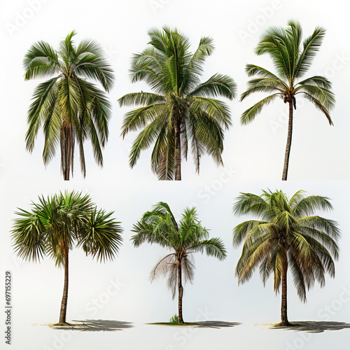 Set of Palm trees  white isolated cutout design elements.