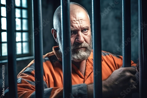 A middle-aged prisoner in an orange uniform sits in a prison cell. The criminal serves his sentence in a prison cell. A prisoner behind bars in a prison or detention center.