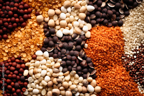 Assorted different types of beans and cereals grains. Set of indispensable sources of protein for a healthy lifestyle. Quality food. Healthy eating concept.