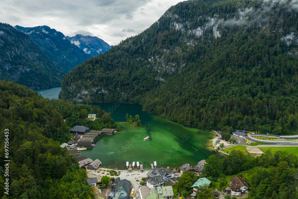 Aerial of Konigsee in Berchtesgaden, Bavaria, Germany