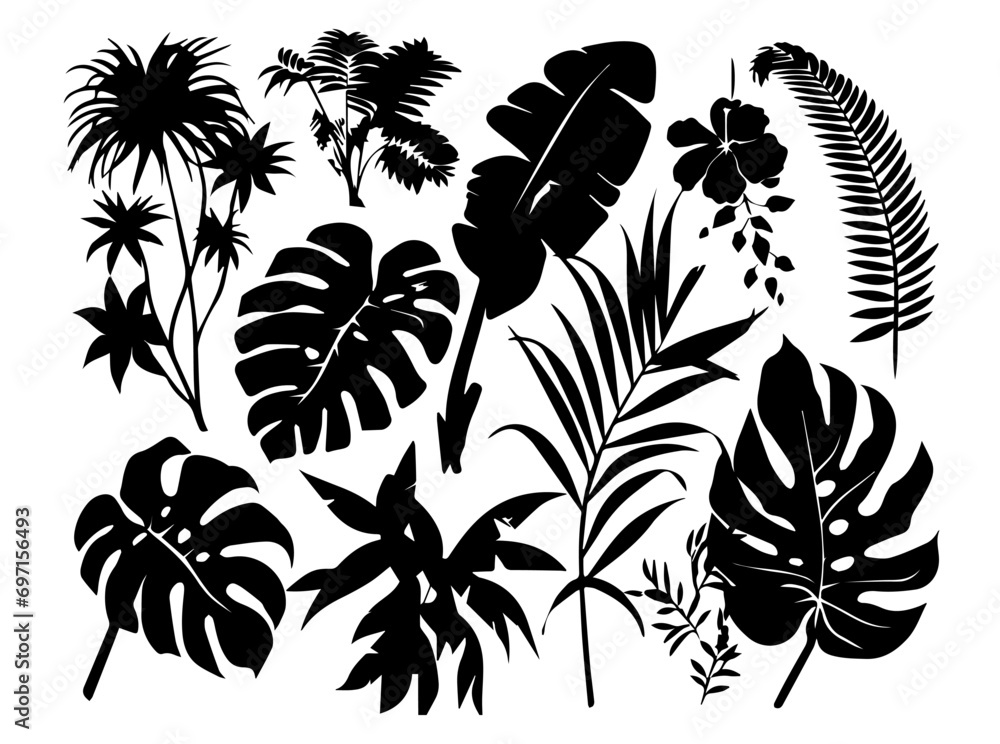 Set of black silhouettes of leaves and flowers. Vector illustration.