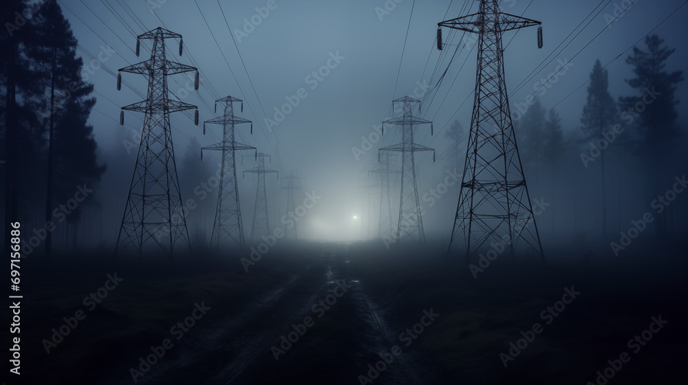 generative ai electricity pylons at night - obrazy, fototapety, plakaty 