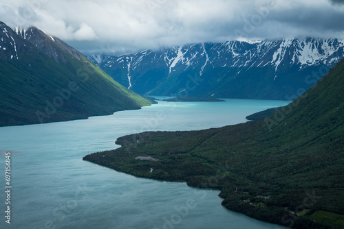View of stormy Kenai Lake from Slaughter Ridge in Alaska