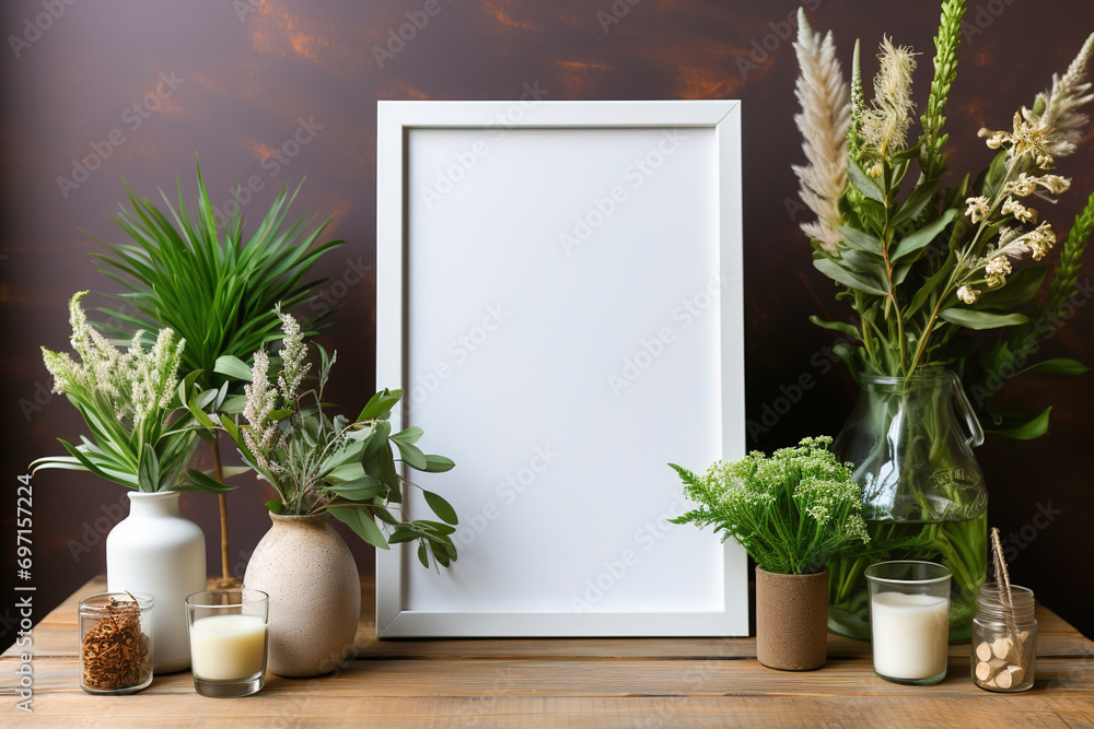 White blank copy space on the wall in a frame and flowers. White blank copy space on the wall in a frame and flowers.