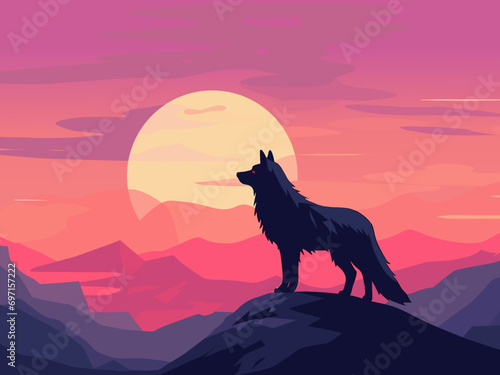 illustration of a wolf silhouette facing away, observing a sunset and clouds in the wilderness landscape background