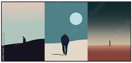man woman, sitting - walking, mental disorder, depression, anxiety, stress, mental illness, concept art, flat design	