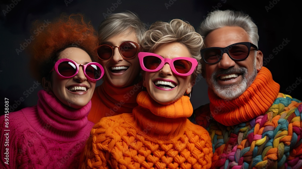 Laughing Seniors in Vibrant and Stylish Winter Clothing Laughing Seniors in Vibrant and Stylish Winter Clothing