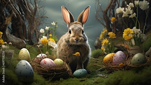 horizontal image of a rabbit in a garden surrounded by colourful easter eggs AI generated