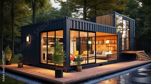 horizontal view of a tiny modern home in a shipping container AI generated photo