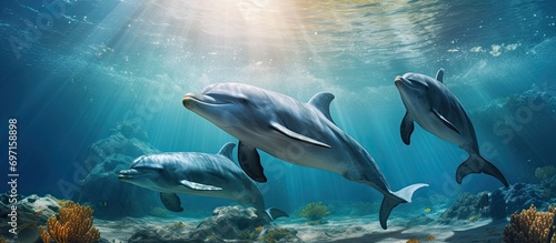 Dolphins frolicking in sunlight underwater.